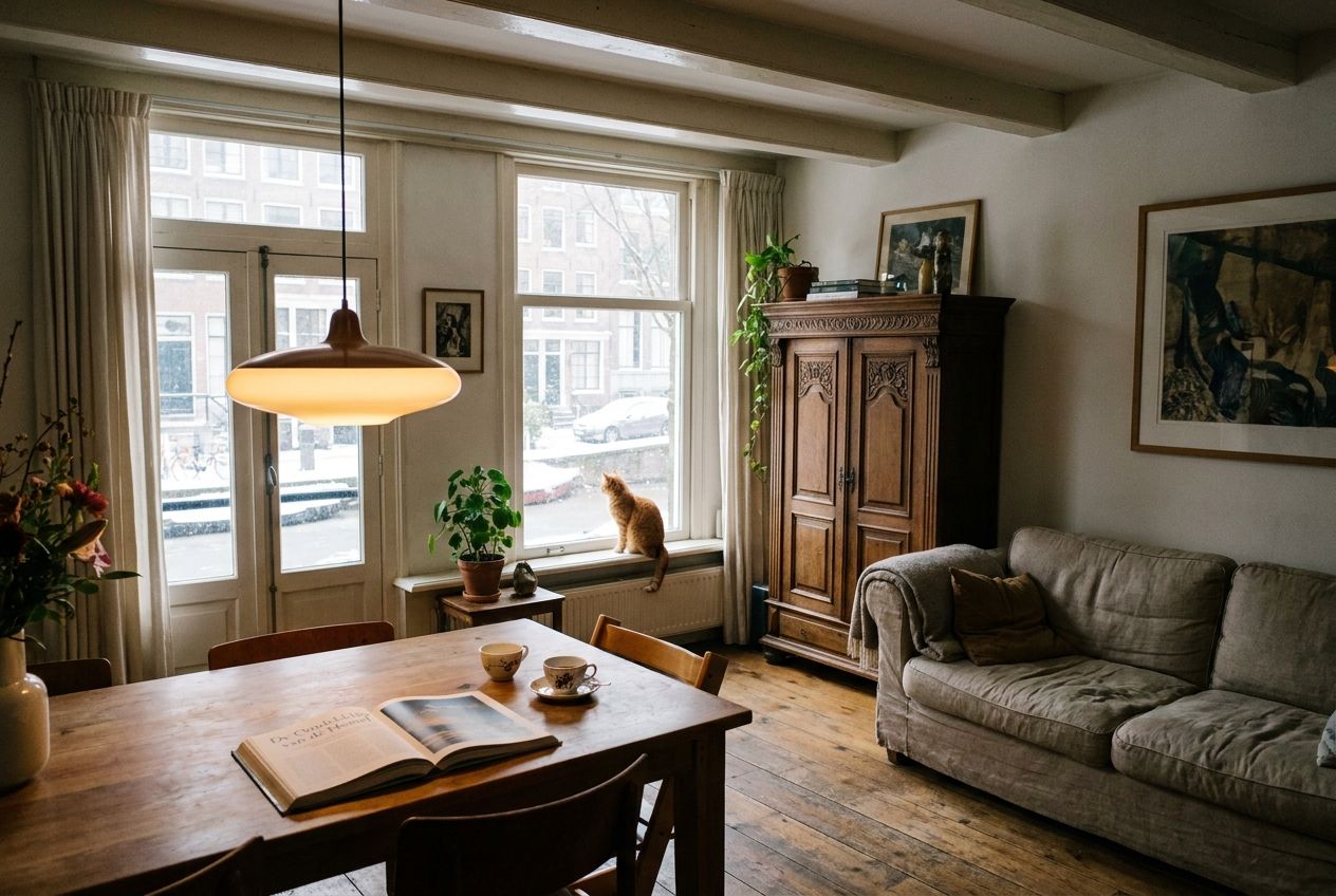 A warm and inviting 'gezellig' interior scene within a traditional Dutch canal house, bathed in soft natural light. A stylish lamp hangs above a wooden dining table, where a book lies open. Next to an antique cupboard, a comfortable sofa invites relaxation, while a content cat sits peacefully in front of a large window. This wide, atmospheric 3:2 landscape photograph captures multiple objects and their precise spatial relationships.