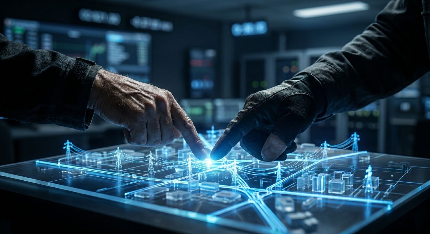 A dramatic, high-contrast close-up photograph of a professional's hand meticulously interacting with a glowing, intricate transparent 3D model of a critical infrastructure network. The model, composed of interconnected pathways and data streams, is illuminated from within with electric blue light, casting subtle reflections on the hand. The background is a dark, subtly blurred, high-tech control environment, emphasizing the precision and high stakes involved in managing complex AI systems.