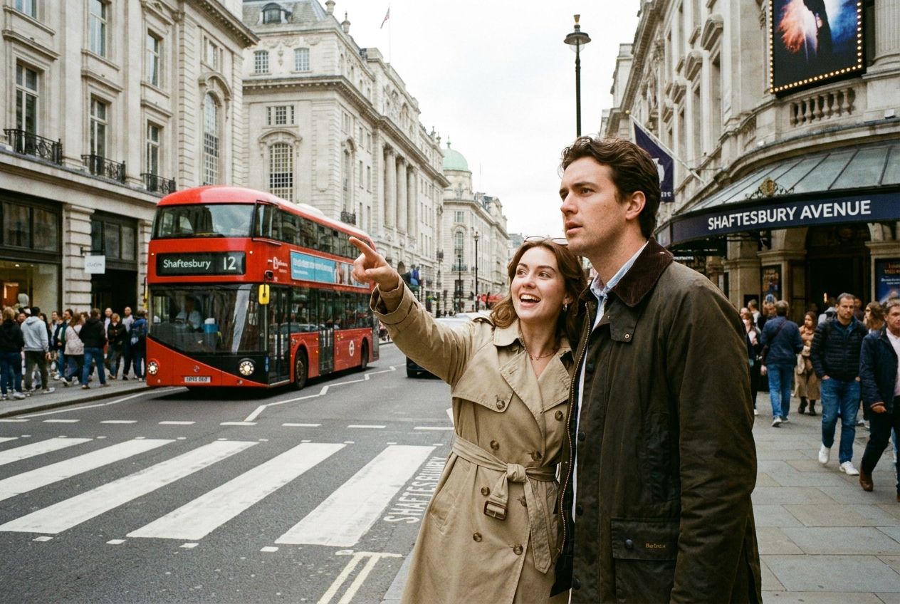 A candid photograph of two people on a bustling street in central London, one person actively pointing down the road while the other looks intently in that direction. In the background, a red double-decker bus passes a pedestrian crossing and classic British architecture, under natural light, composed for a 3:2 landscape frame.