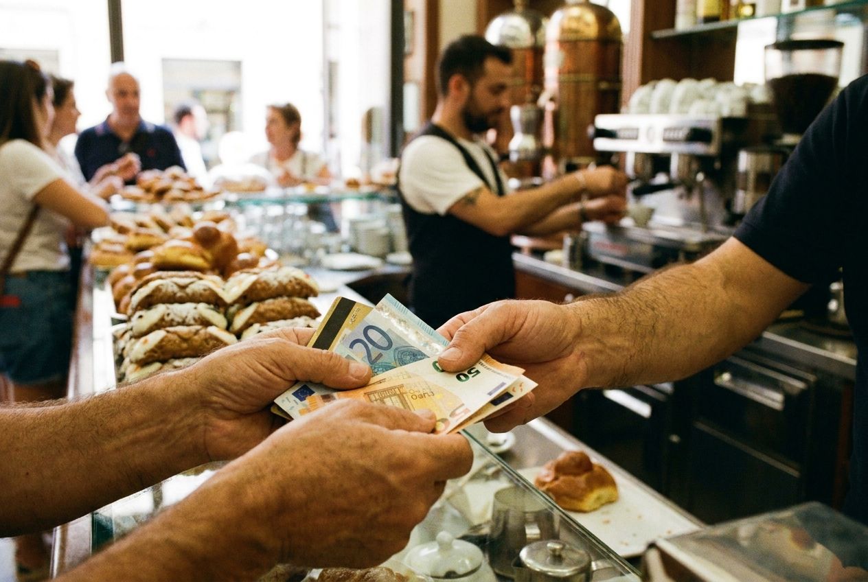 A candid, close-up photograph of hands exchanging euro banknotes and a credit card at a vibrant Italian cafe counter. In the soft-focus background, a barista prepares coffee amidst delicious pastries, capturing the warm, inviting atmosphere of an authentic Italian transaction scene, composed for a 3:2 landscape frame.