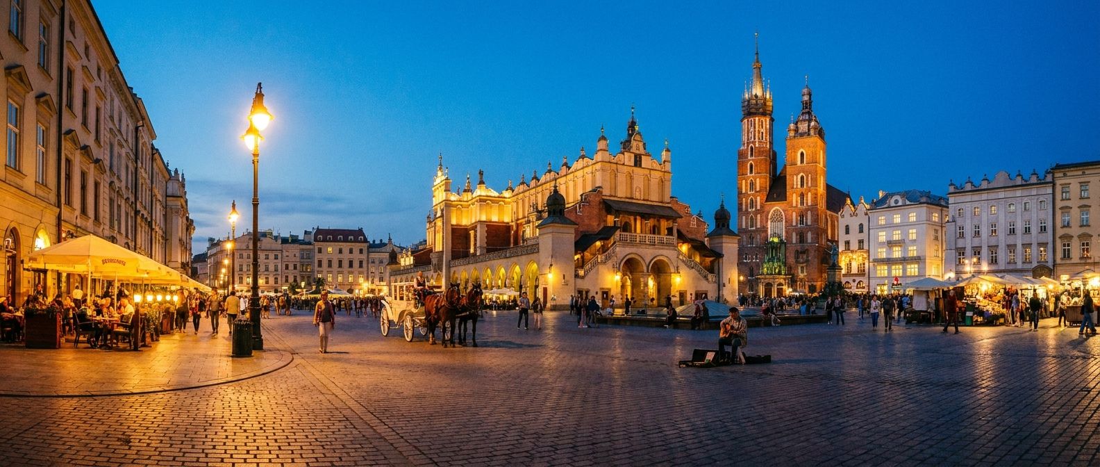 A wide-angle, vivid photograph of Krakow's main market square at twilight, with the historic Cloth Hall and St. Mary's Basilica illuminated against the deep blue sky. Street lamps and restaurant lights cast a warm glow on the cobblestones, and a few people can be seen strolling through the bustling square. The scene evokes the rich history and vibrant atmosphere of Polish culture.