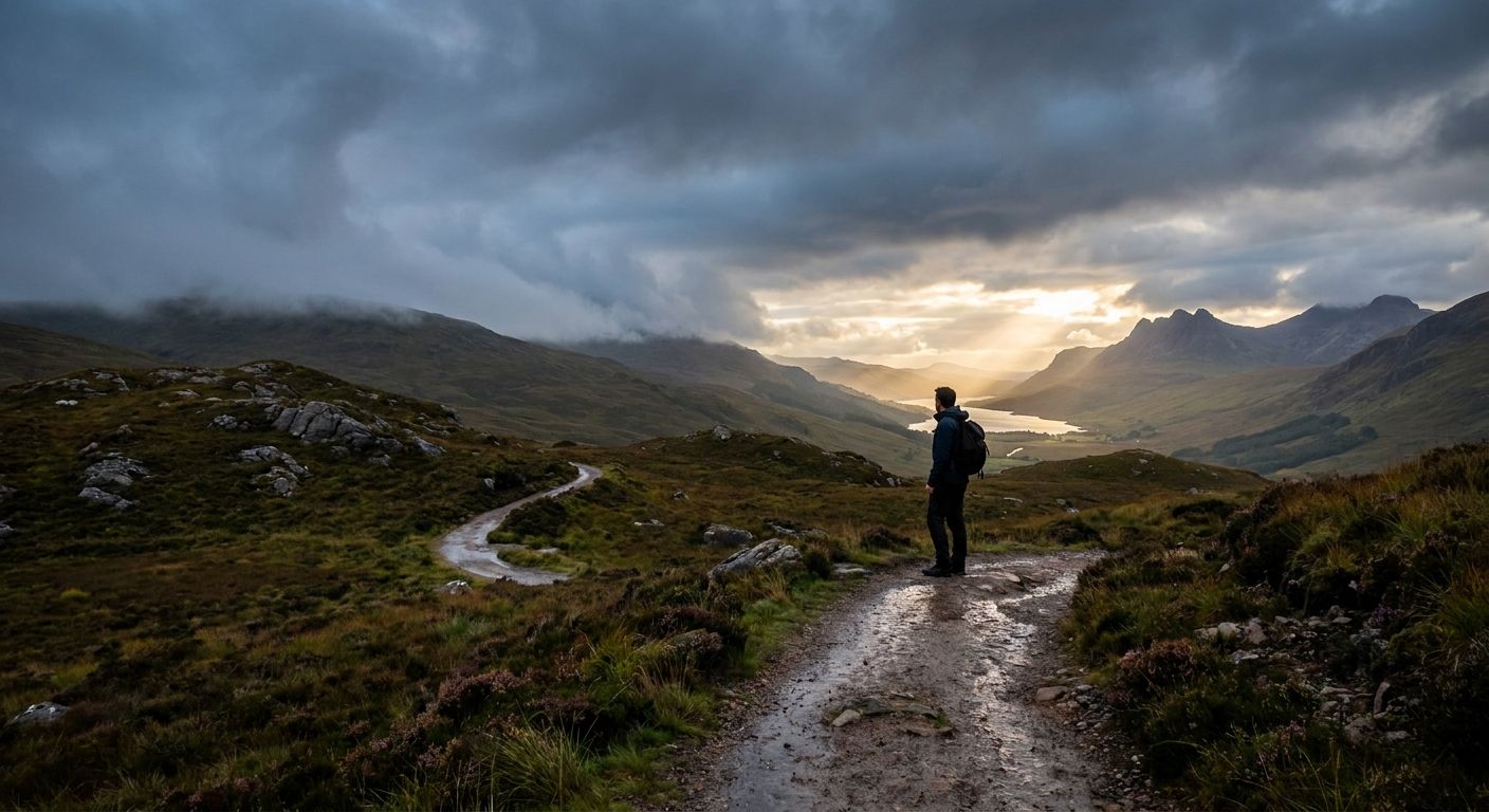 A solitary figure stands on a winding path through the misty Scottish Highlands, looking with determined anticipation towards a distant, dramatic vista under a brooding sky, symbolizing future plans and journeys. The scene is captured with vivid, cinematic lighting for a dramatic effect.