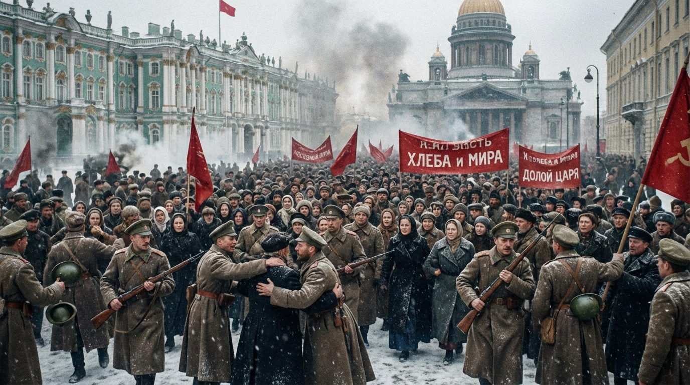 A powerful, wide-angle photograph of a chaotic winter street scene in 1917 Petrograd, Russia. A determined crowd of bundled protestors, including women and workers, surge forward through the snow. In the foreground, Tsarist soldiers are visibly mutinying, lowering their rifles and turning to join the civilian uprising. The grand, imperial architecture of the city's background is partially obscured by the snowy, agitated atmosphere, capturing the dramatic collapse of the old order.