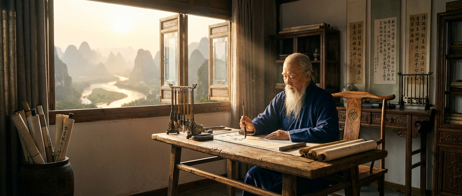 A wide shot photograph of an elderly Chinese scholar, dressed in traditional robes, calmly practicing calligraphy at a wooden desk, with an open window revealing a serene, misty mountain landscape and a winding river. Golden hour light filters into the room, creating a harmonious blend of human wisdom and the effortless flow of nature.