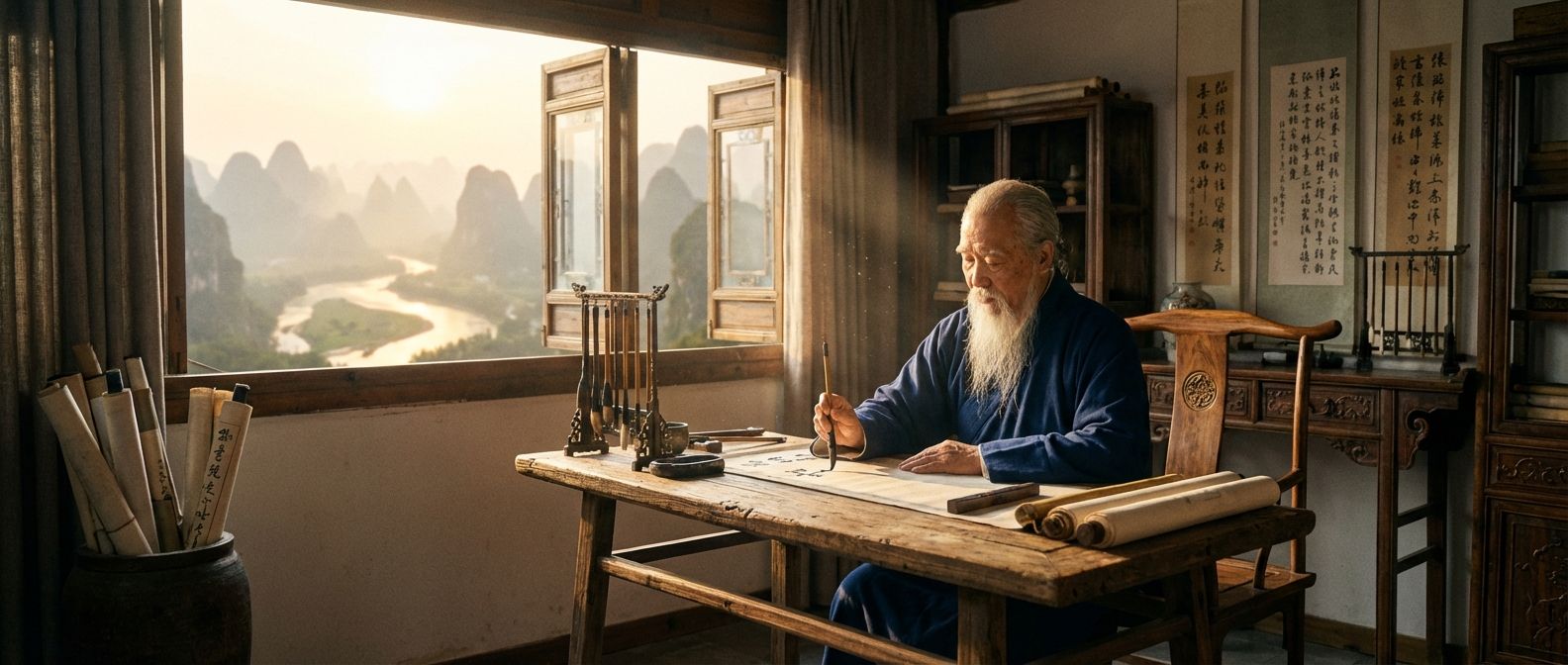 A wide shot photograph of an elderly Chinese scholar, dressed in traditional robes, calmly practicing calligraphy at a wooden desk, with an open window revealing a serene, misty mountain landscape and a winding river. Golden hour light filters into the room, creating a harmonious blend of human wisdom and the effortless flow of nature.