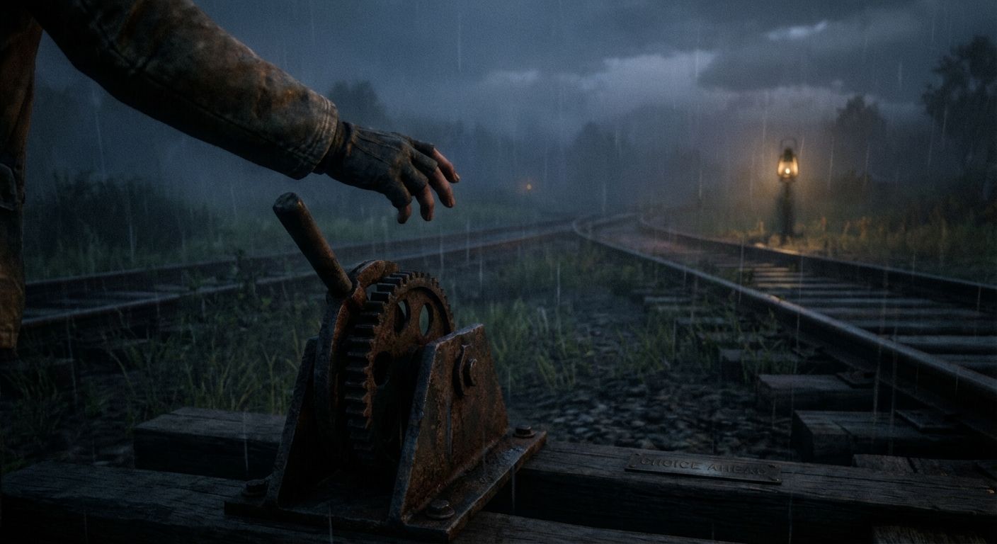 A dramatic, cinematic photograph of a hand poised over a large, weathered industrial lever at a railroad switch. In the blurred background, two diverging tracks hint at difficult choices and their far-reaching consequences, bathed in a tense, low-key light.