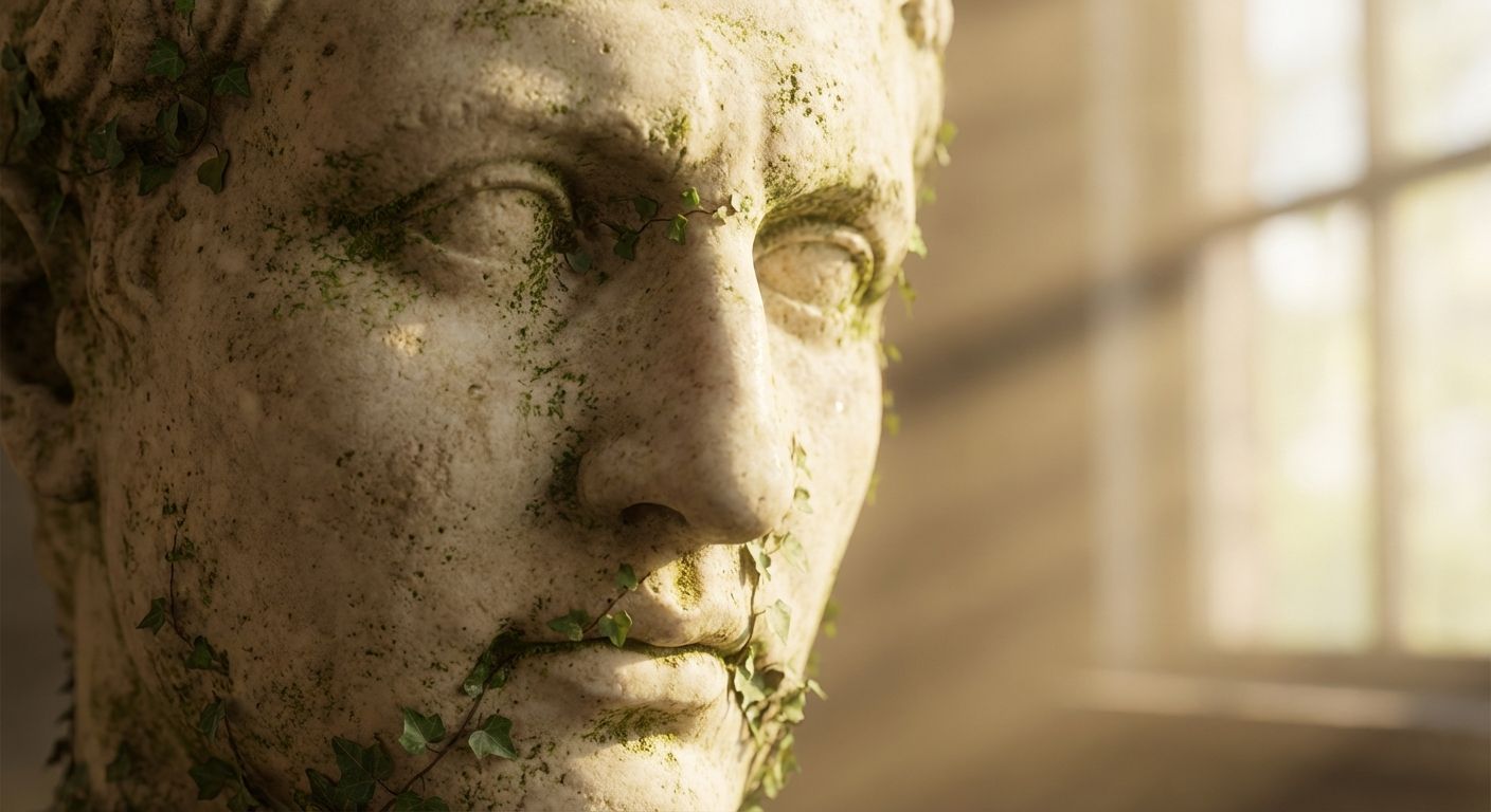 An extreme close-up photograph of a weathered, ancient Roman or Greek marble bust, with delicate green moss and small ivy vines subtly growing on its time-worn features. Ethereal, soft morning light gently illuminates the statue's face, creating a contemplative and serene mood.