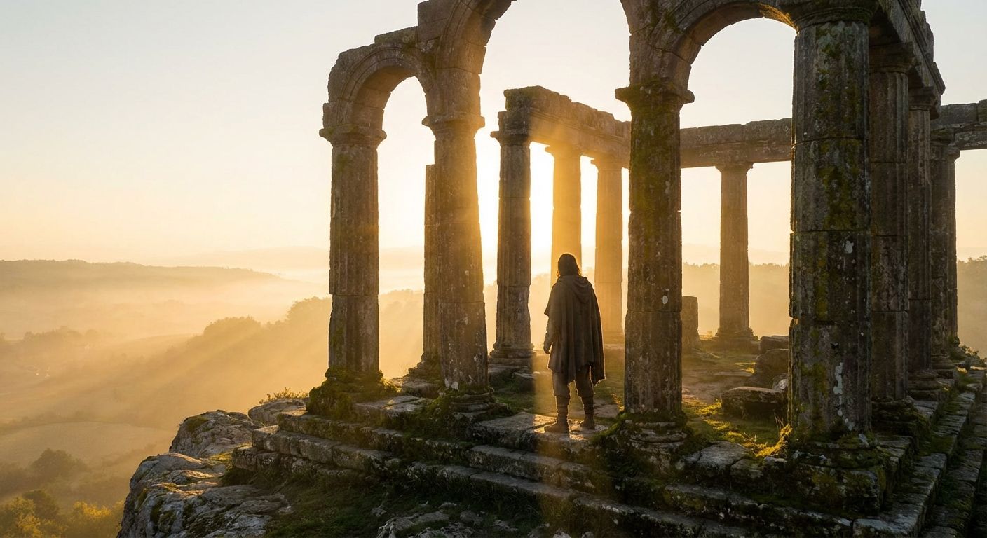 A solitary figure stands amidst the serene, weathered ruins of an ancient Greek temple, gazing out towards a vast, sun-drenched landscape at dawn. The scene is imbued with a sense of profound contemplation and timeless tranquility, capturing the enduring human search for the meaning of a good life.